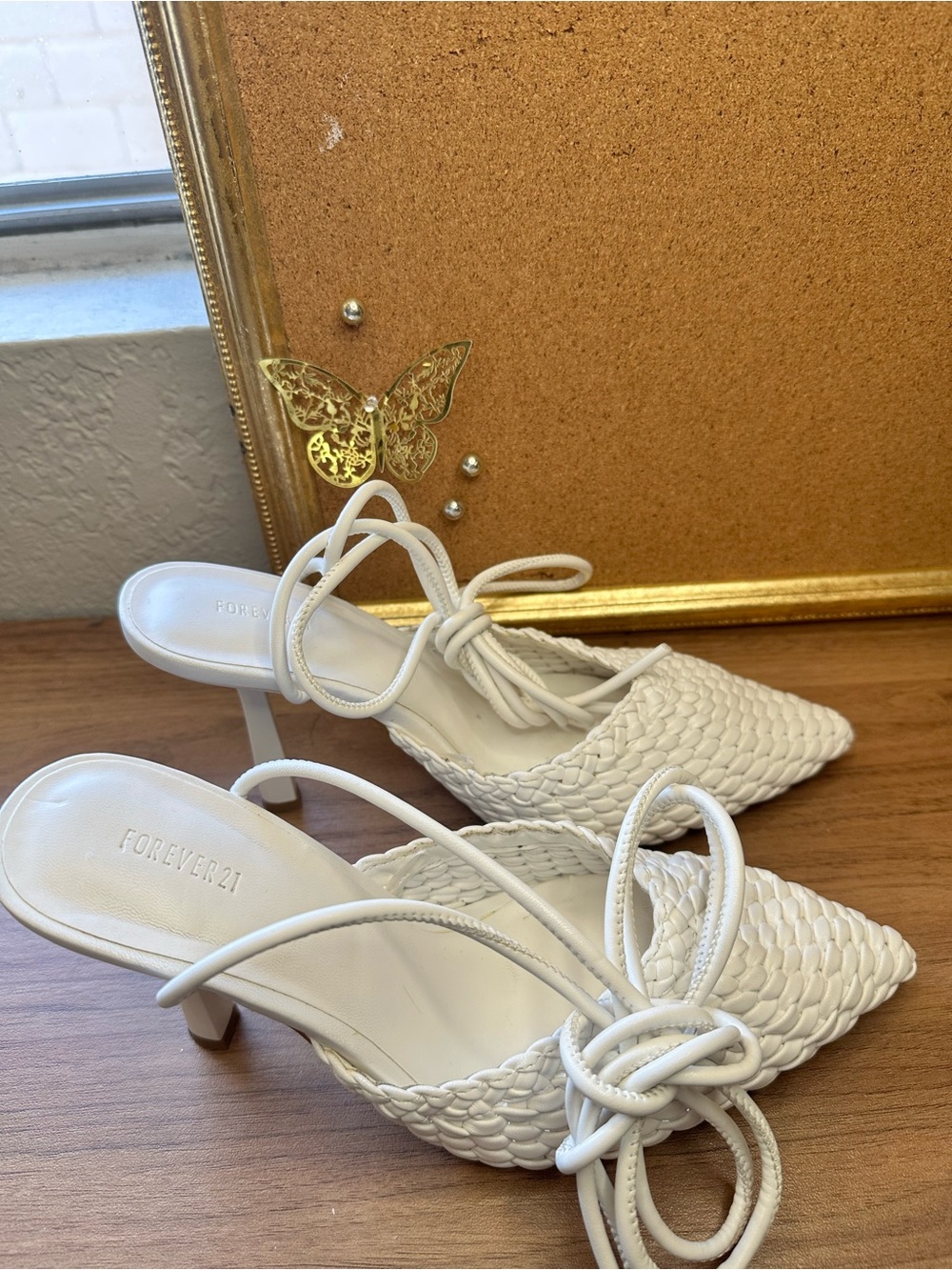 Forever 21 White Braided Knot Slingback Heels with Pointed Toe